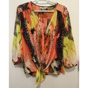 Peter Nygård Petite 16P Blouse Top Tie Front Abstract Print Sheer 3/4 Sleeve